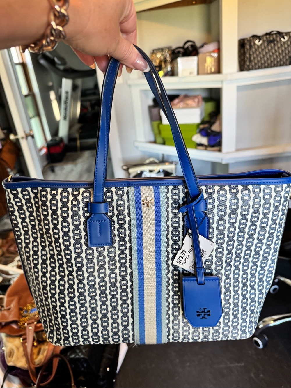 Tory Burch Blue and Cream Logo Stripe Tote